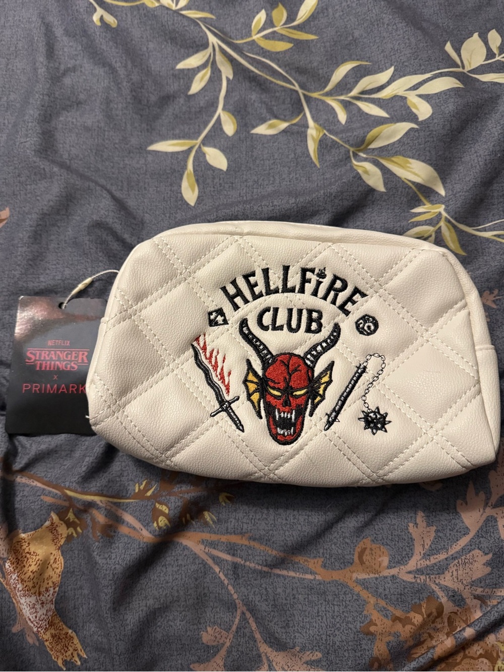 Primark White Quilted 'Hellfire Club' Embroidered Pouch with Red Accent
